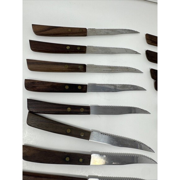 Vintage Quikut 15pc Wood Brown Handle Serrated Blade Steak Knife Set LOT OF 15 - Picture 5 of 8